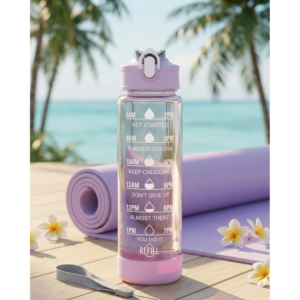 900ml Motivational Water Bottle with Time Markers & Quotes | BPA-Free Leakproof Sports Bottle with Carry Strap & Flip-Top Lid | Transparent Hydration Tracker for Gym, Fitness, Office & Travel (Lavender) - Image 1