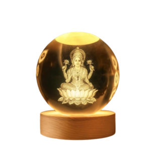 Divine 3D Crystal Ball Night Light with Wooden LED Base | Goddess Laxmi Laser Engraved Glass Sphere Lamp for Prosperity & Spiritual Decor | USB Powered Mahalakshmi Night Lamp for Puja Room, Home, Office & Diwali Gifting - Image 2