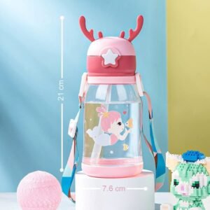Kids School Water Bottle with Straw & Carry Strap | 500ml Leakproof Sipper Bottle with Cute Antler Cartoon Design & Protective Lid | BPA-Free Durable Travel Drinkware for Boys, Girls & Toddlers (Multicolor) - Image 2
