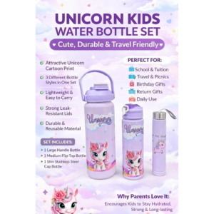 Kids Unicorn Water Bottle Set of 3 | Motivational Sipper Bottles with Straw & Carry Strap | Leakproof BPA-Free Sports Water Bottles for School, Travel & Outdoor | Purple - Image 2