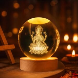 Divine 3D Crystal Ball Night Light with Wooden LED Base | Goddess Laxmi Laser Engraved Glass Sphere Lamp for Prosperity & Spiritual Decor | USB Powered Mahalakshmi Night Lamp for Puja Room, Home, Office & Diwali Gifting - Image 1