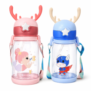 Kids School Water Bottle with Straw & Carry Strap | 500ml Leakproof Sipper Bottle with Cute Antler Cartoon Design & Protective Lid | BPA-Free Durable Travel Drinkware for Boys, Girls & Toddlers (Multicolor) - Image 1